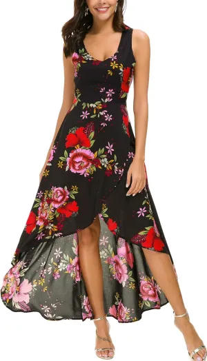 Kormei Womens Sleeveless Scoop Neck Floral High Low Split Party Long Maxi Dress