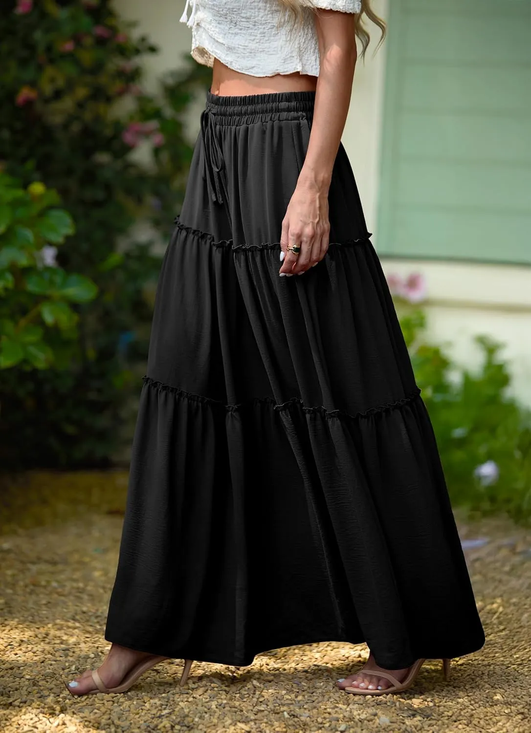 Lepunuo Womens Casual Boho High Waisted Flowy Maxi Skirts Trendy Floral Cute Long Skirts with Pockets