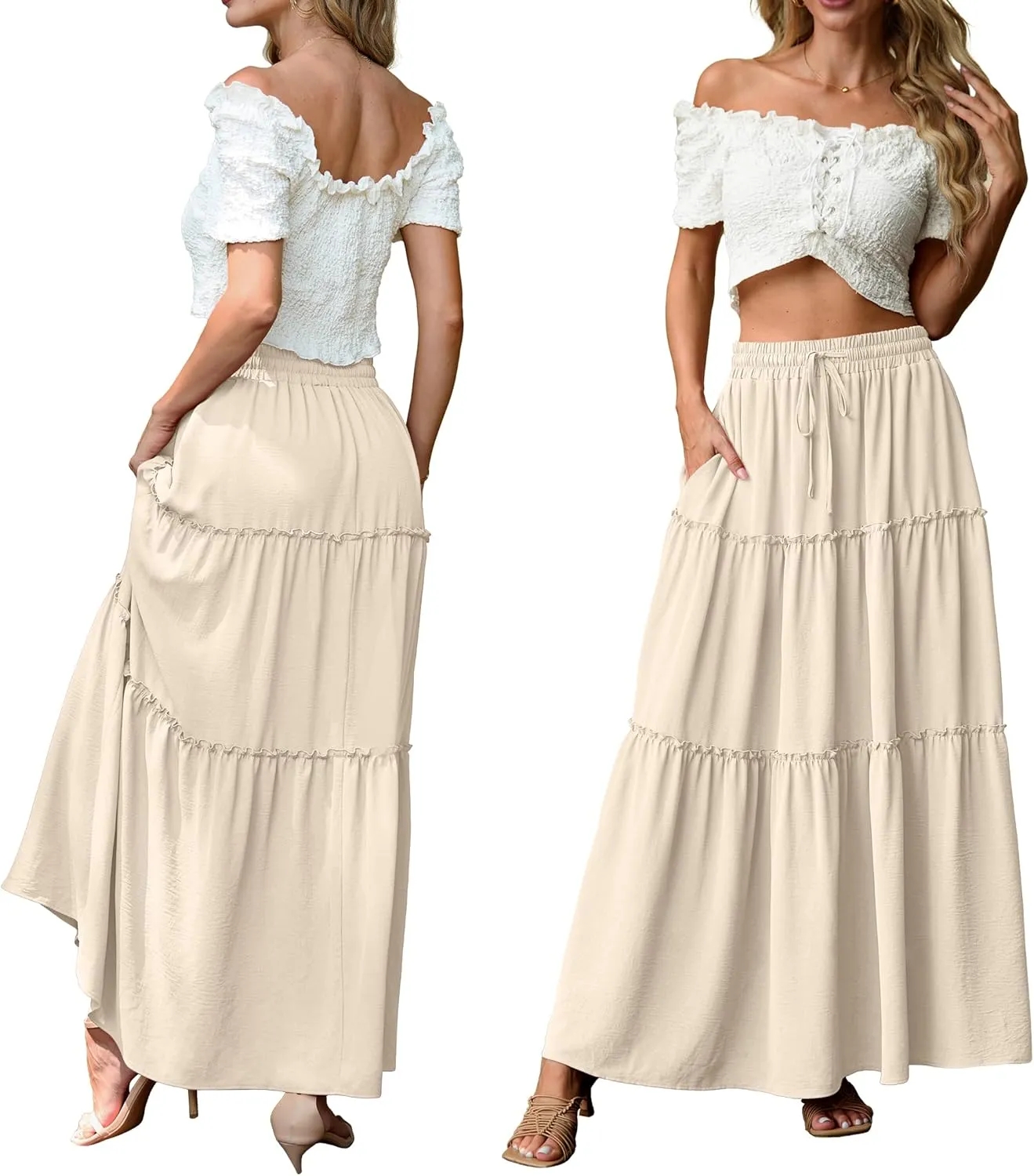 Lepunuo Womens Casual Boho High Waisted Flowy Maxi Skirts Trendy Floral Cute Long Skirts with Pockets