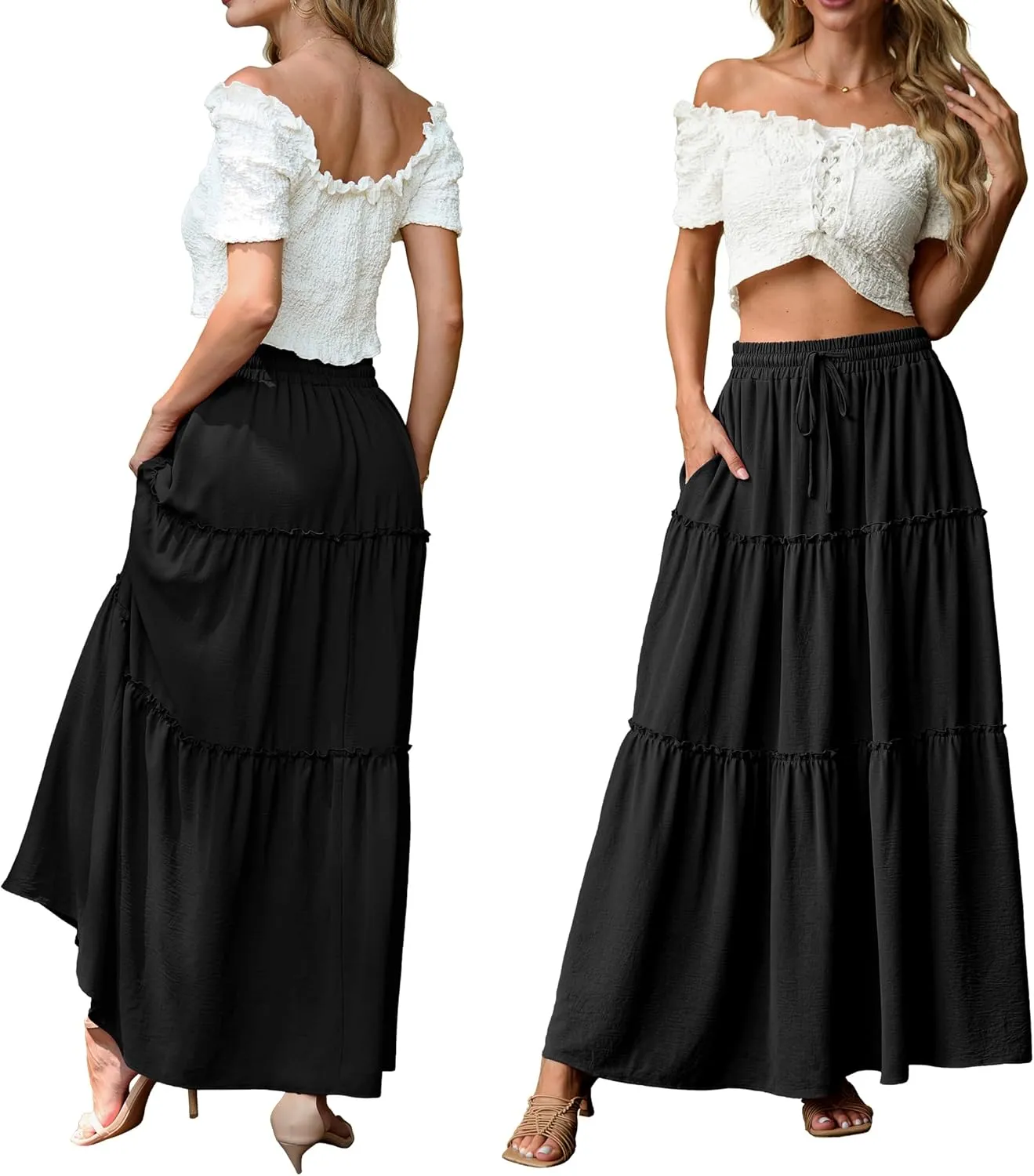 Lepunuo Womens Casual Boho High Waisted Flowy Maxi Skirts Trendy Floral Cute Long Skirts with Pockets