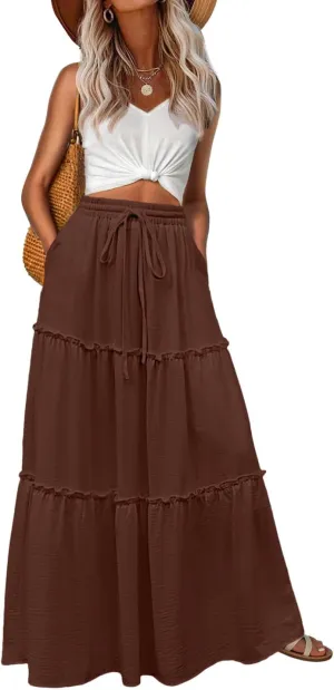 Lepunuo Womens Casual Boho High Waisted Flowy Maxi Skirts Trendy Floral Cute Long Skirts with Pockets