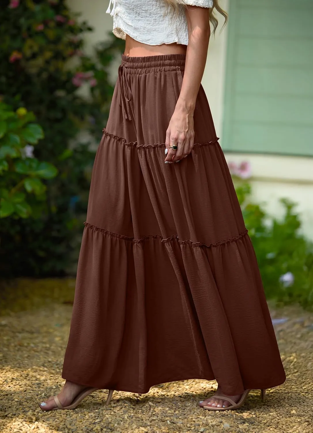 Lepunuo Womens Casual Boho High Waisted Flowy Maxi Skirts Trendy Floral Cute Long Skirts with Pockets