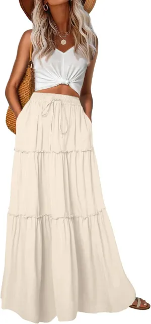 Lepunuo Womens Casual Boho High Waisted Flowy Maxi Skirts Trendy Floral Cute Long Skirts with Pockets