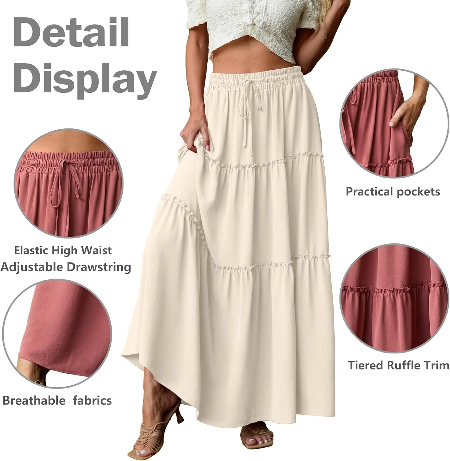 Lepunuo Womens Casual Boho High Waisted Flowy Maxi Skirts Trendy Floral Cute Long Skirts with Pockets