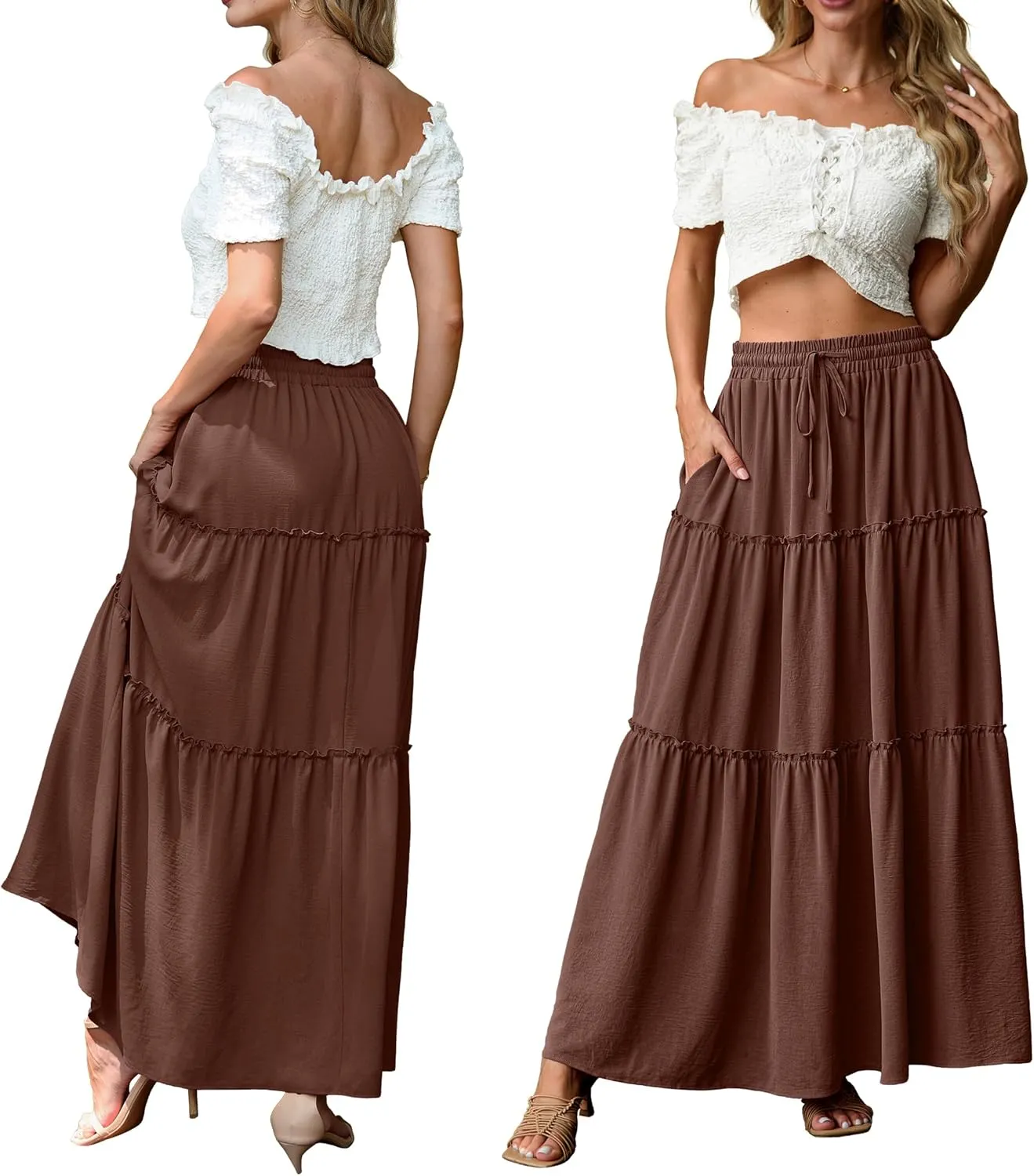 Lepunuo Womens Casual Boho High Waisted Flowy Maxi Skirts Trendy Floral Cute Long Skirts with Pockets