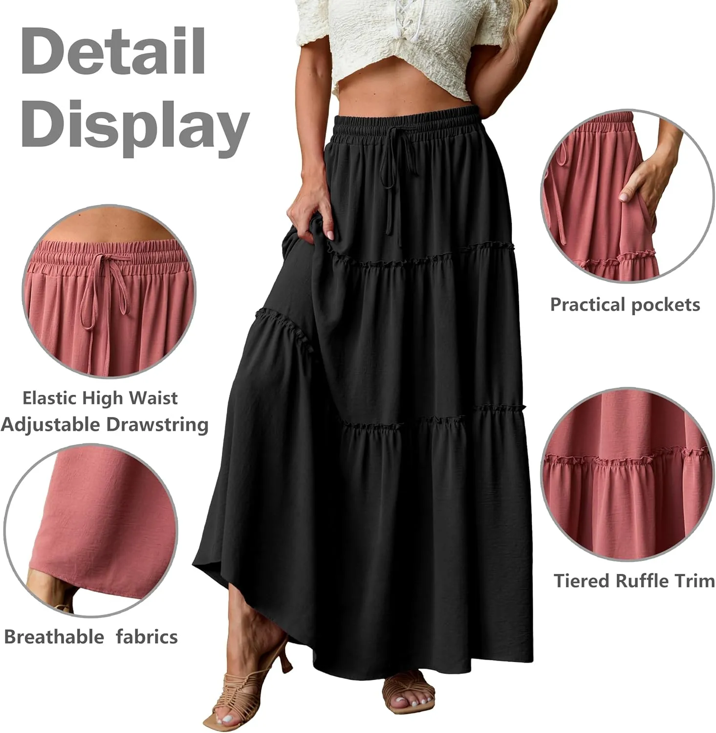 Lepunuo Womens Casual Boho High Waisted Flowy Maxi Skirts Trendy Floral Cute Long Skirts with Pockets