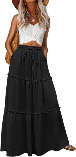 Lepunuo Womens Casual Boho High Waisted Flowy Maxi Skirts Trendy Floral Cute Long Skirts with Pockets