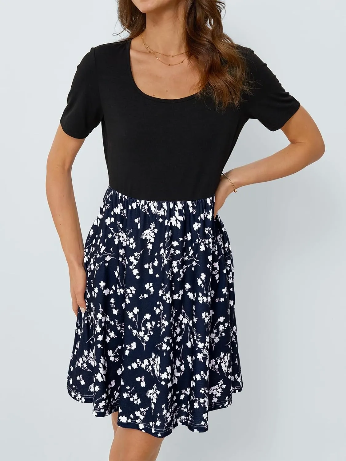 LILLUSORY Womens Scoop Neck Short Sleeve Floral Mini Dress with Pockets