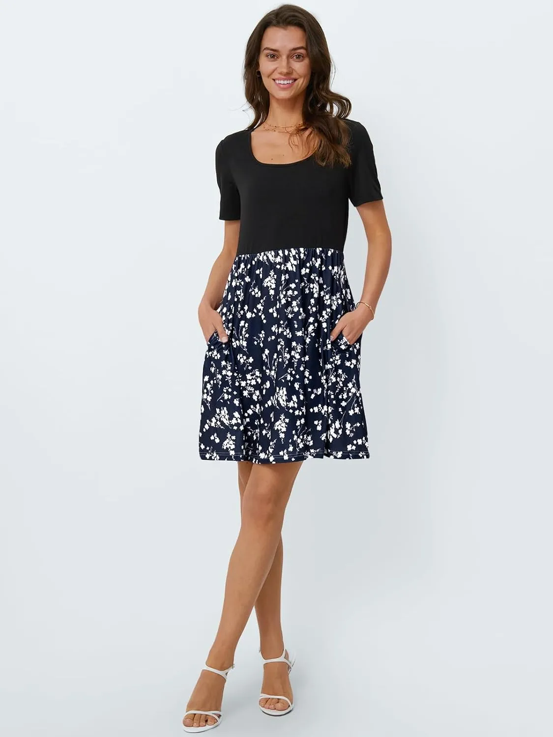 LILLUSORY Womens Scoop Neck Short Sleeve Floral Mini Dress with Pockets