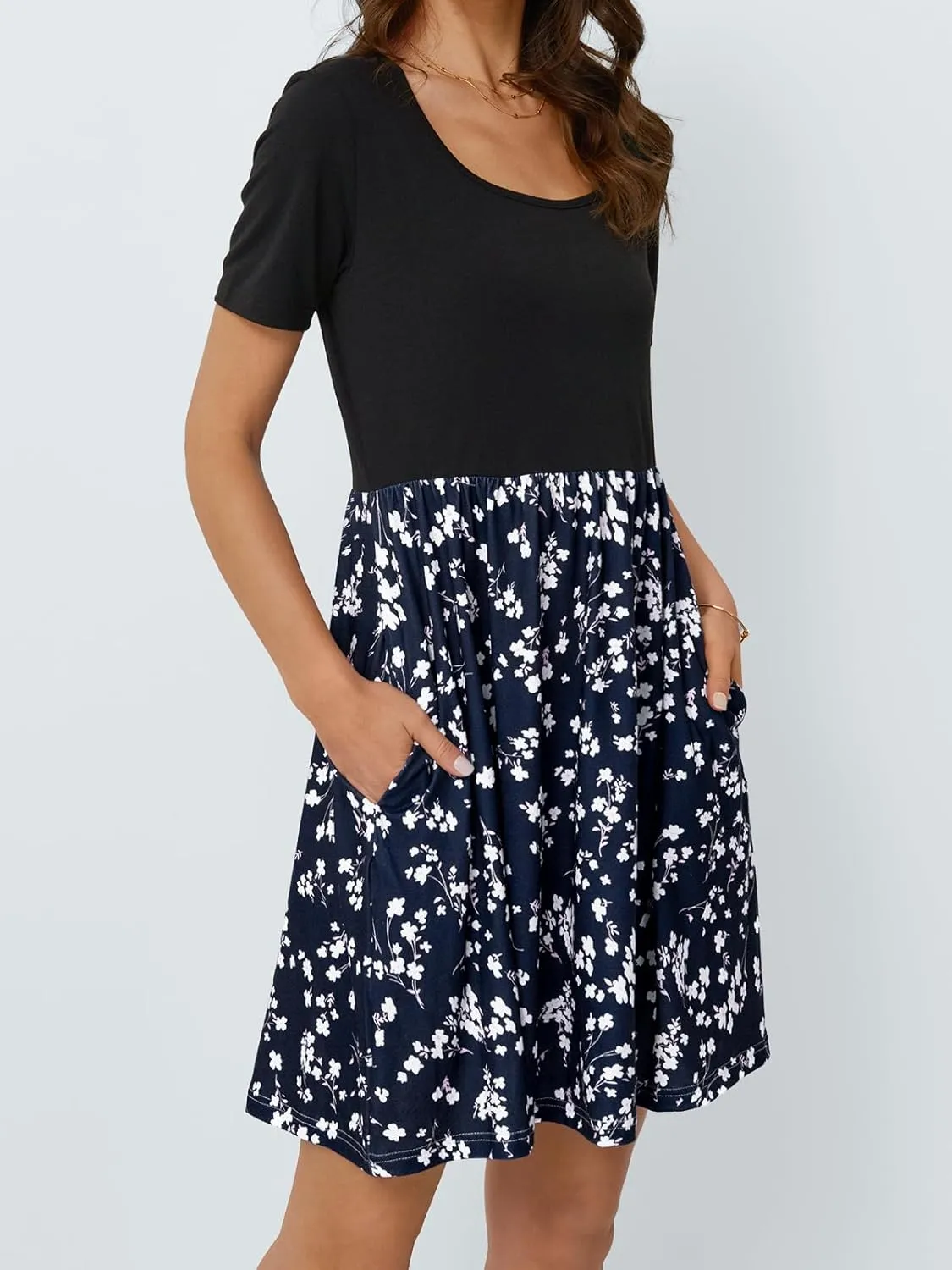 LILLUSORY Womens Scoop Neck Short Sleeve Floral Mini Dress with Pockets
