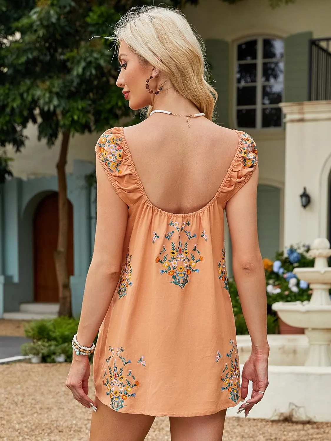 Linen Mini Cute Dress Women Floral Embroidered Dress with Crew Neck and Sleeveless Casual Guest Vintage Dresses