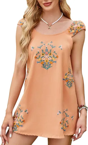 Linen Mini Cute Dress Women Floral Embroidered Dress with Crew Neck and Sleeveless Casual Guest Vintage Dresses