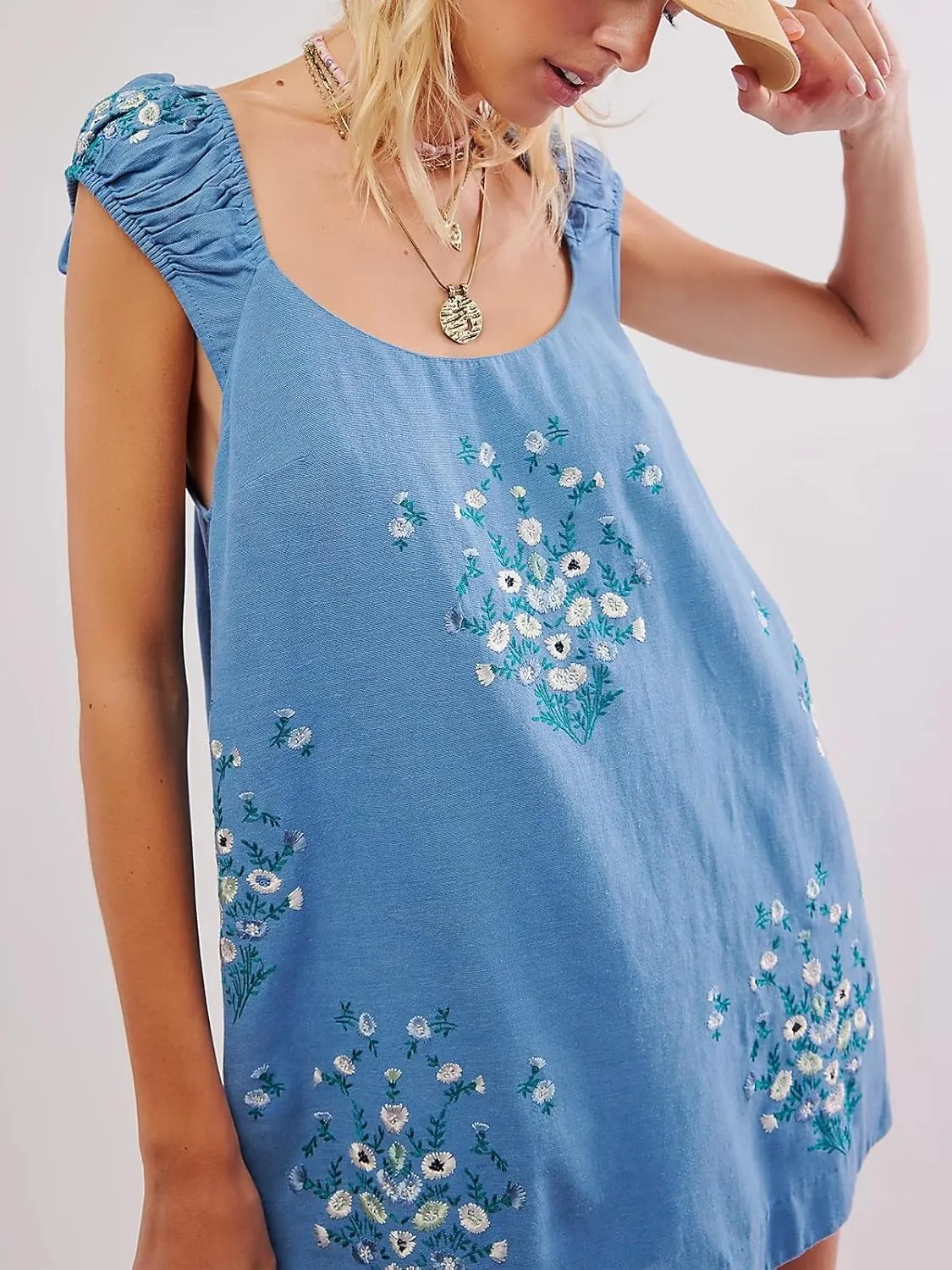 Linen Mini Cute Dress Women Floral Embroidered Dress with Crew Neck and Sleeveless Casual Guest Vintage Dresses