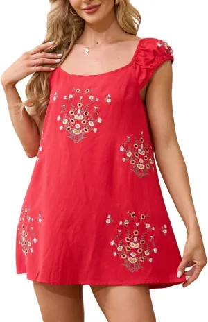Linen Mini Cute Dress Women Floral Embroidered Dress with Crew Neck and Sleeveless Casual Guest Vintage Dresses