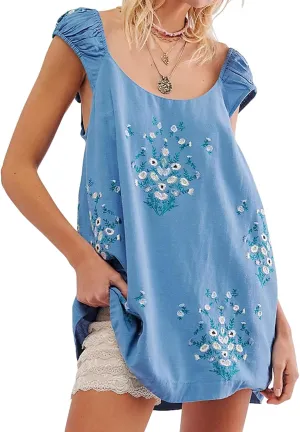 Linen Mini Cute Dress Women Floral Embroidered Dress with Crew Neck and Sleeveless Casual Guest Vintage Dresses