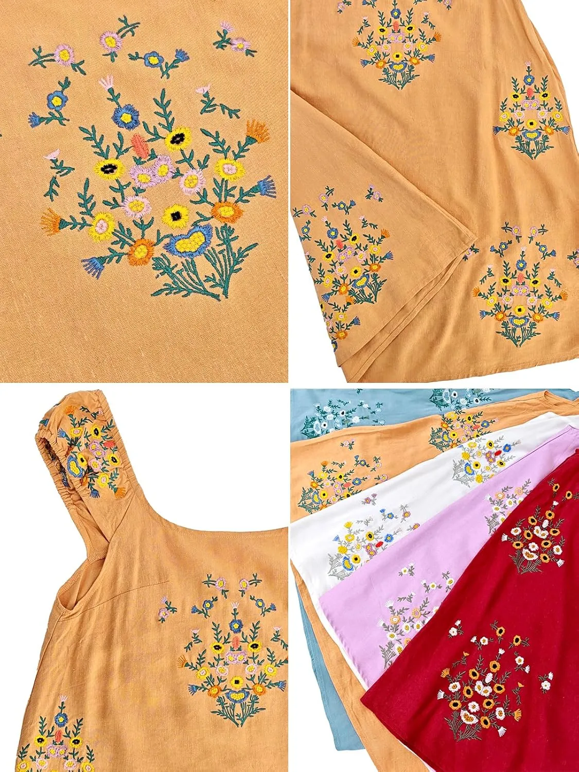 Linen Mini Cute Dress Women Floral Embroidered Dress with Crew Neck and Sleeveless Casual Guest Vintage Dresses