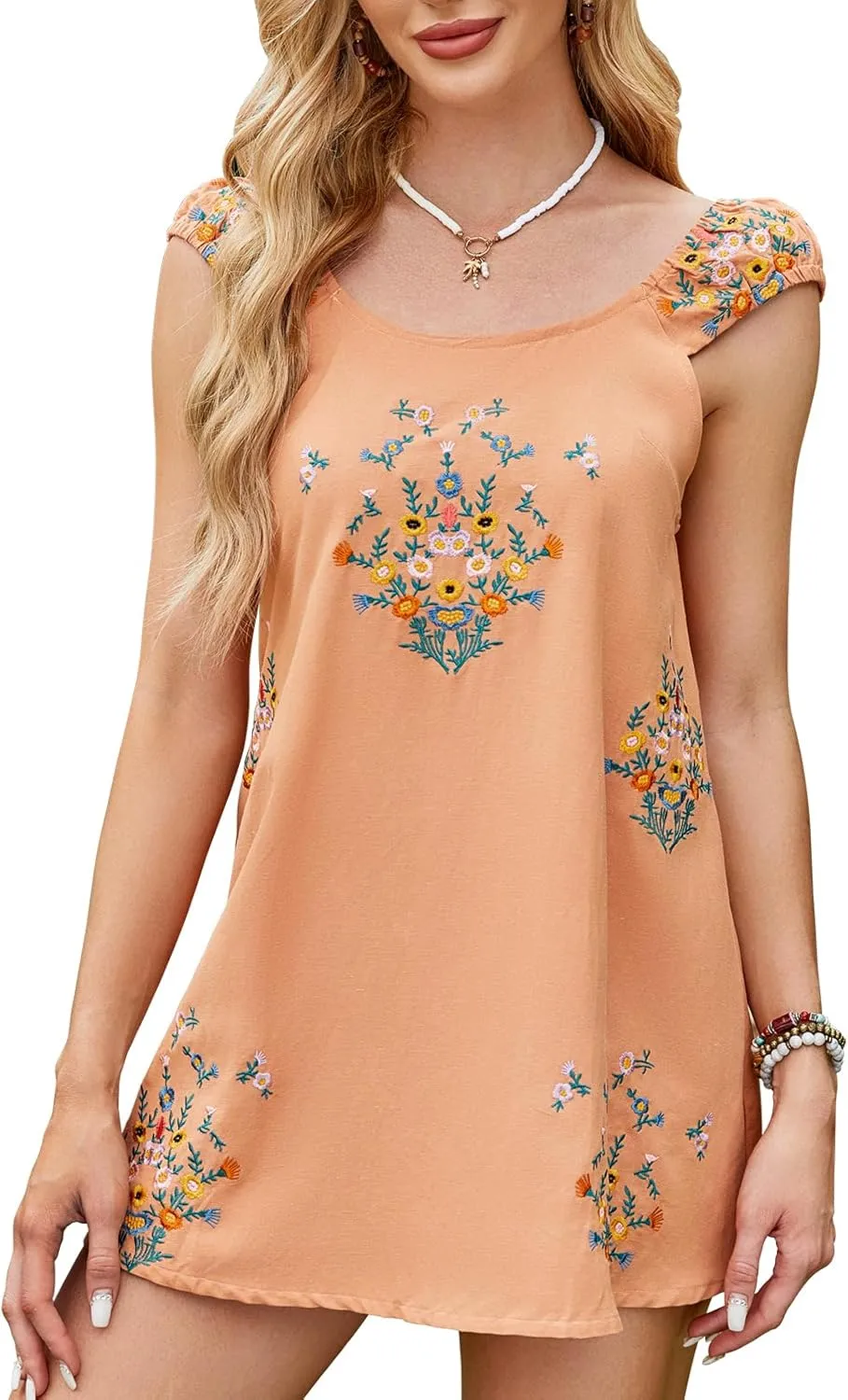 Linen Mini Cute Dress Women Floral Embroidered Dress with Crew Neck and Sleeveless Casual Guest Vintage Dresses