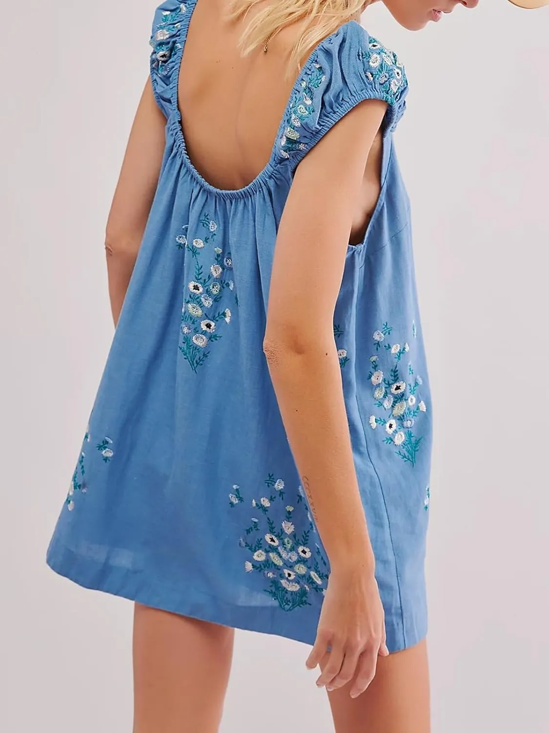 Linen Mini Cute Dress Women Floral Embroidered Dress with Crew Neck and Sleeveless Casual Guest Vintage Dresses