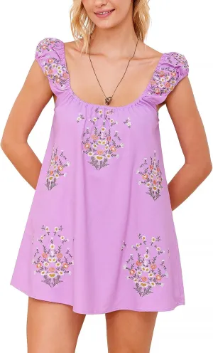 Linen Mini Cute Dress Women Floral Embroidered Dress with Crew Neck and Sleeveless Casual Guest Vintage Dresses