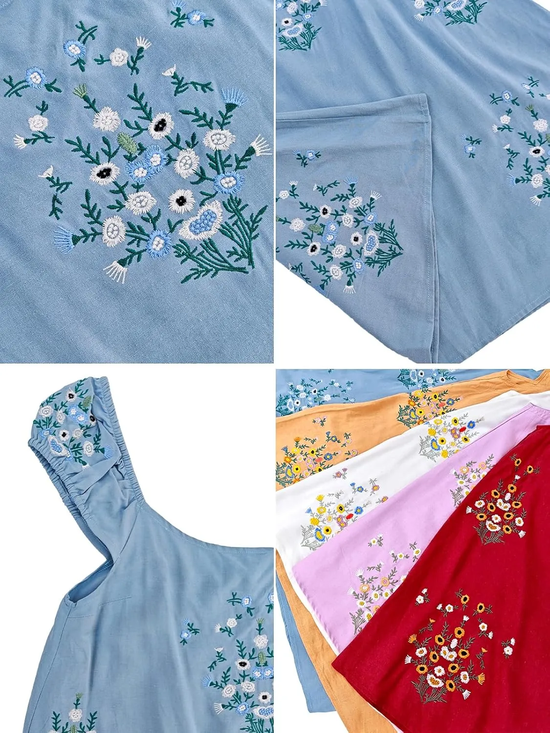 Linen Mini Cute Dress Women Floral Embroidered Dress with Crew Neck and Sleeveless Casual Guest Vintage Dresses