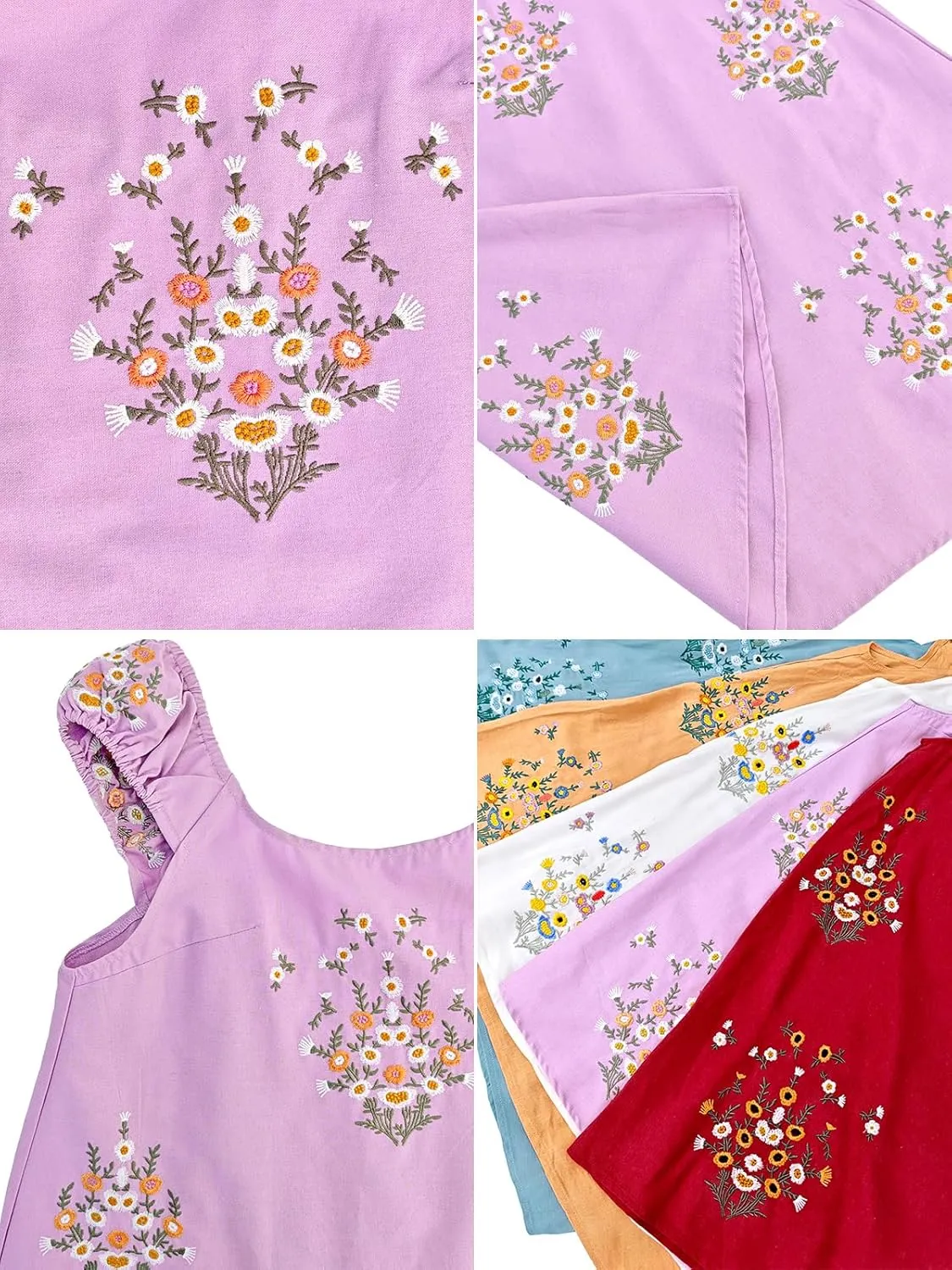 Linen Mini Cute Dress Women Floral Embroidered Dress with Crew Neck and Sleeveless Casual Guest Vintage Dresses