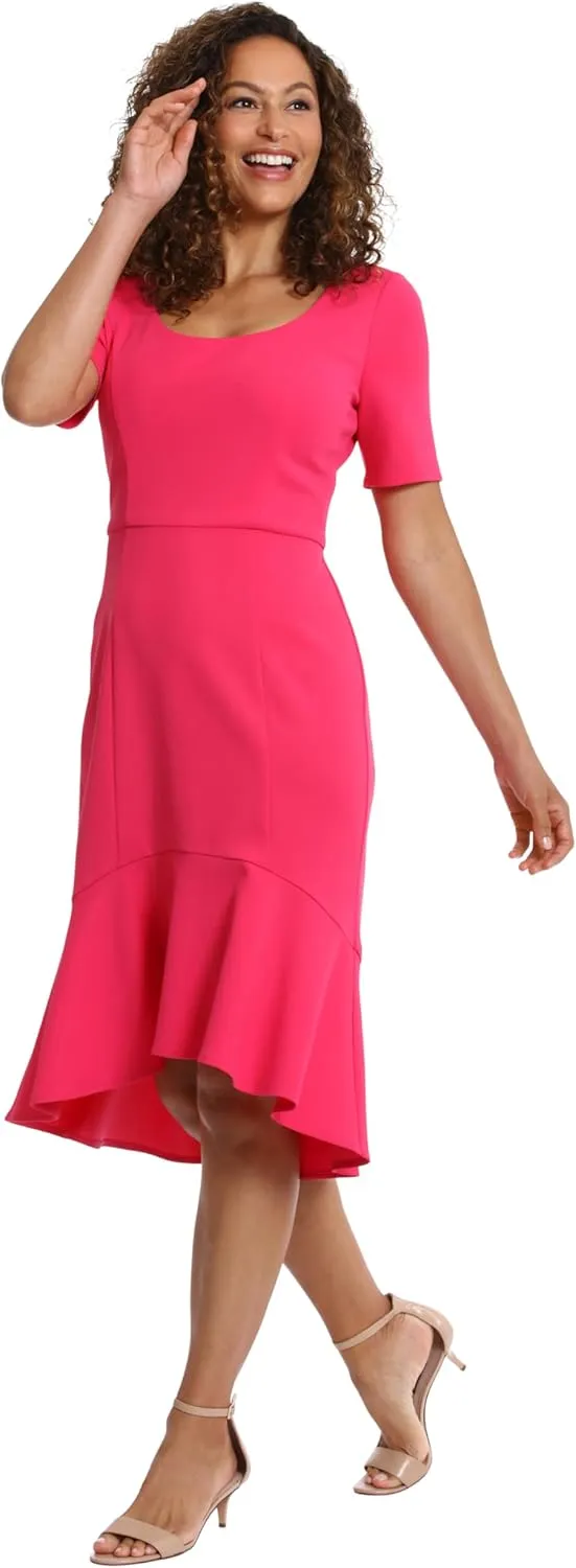 London Times Versatile Scoop Neck High-Low Flounce Hem Womens Dresses