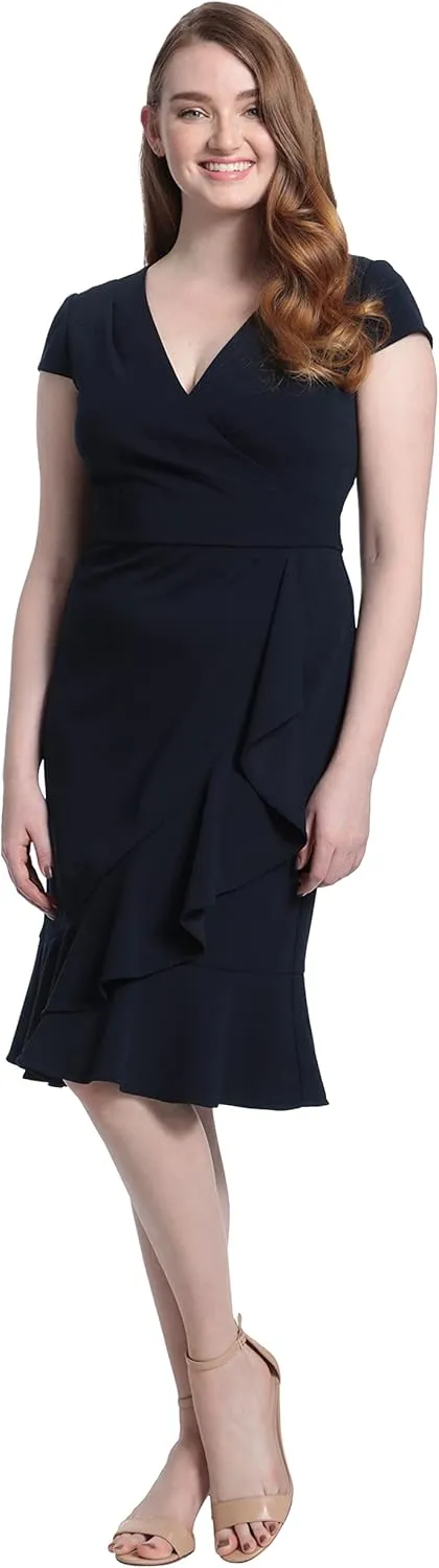 London Times Women's Feminine Ageless Surplice V-Neck Faux Wrap Ruffle Dress Office Event Shower Guest of