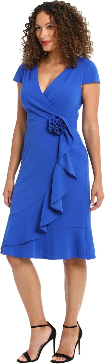 London Times Women's Feminine Ageless Surplice V-Neck Faux Wrap Ruffle Dress Office Event Shower Guest of