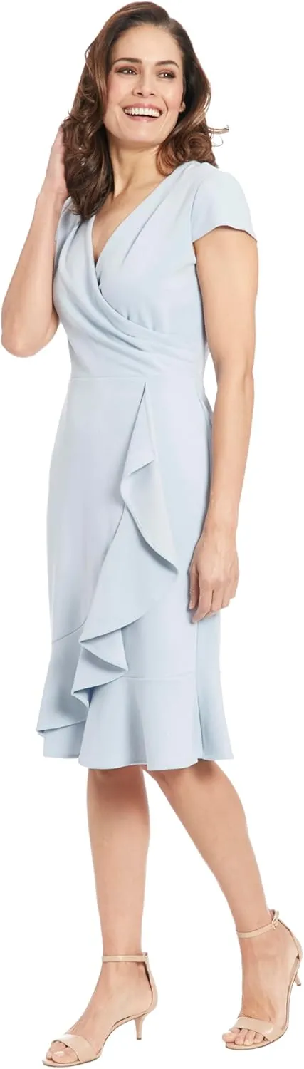 London Times Women's Feminine Ageless Surplice V-Neck Faux Wrap Ruffle Dress Office Event Shower Guest of