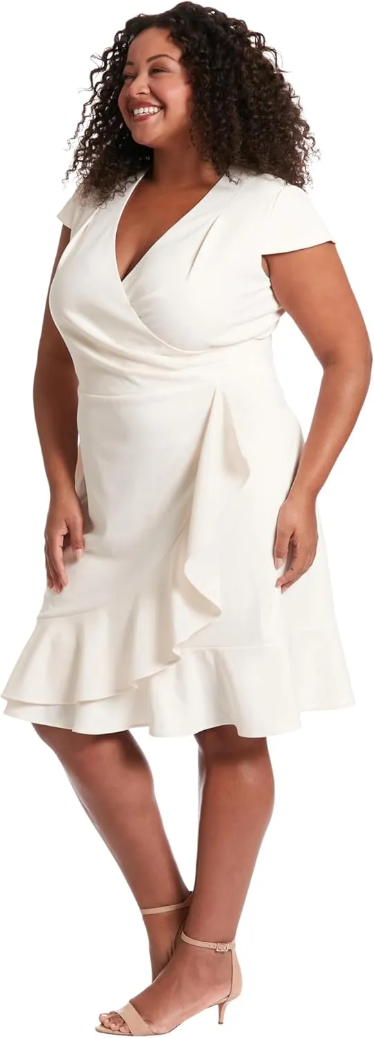 London Times Women's Feminine Ageless Surplice V-Neck Faux Wrap Ruffle Dress Office Event Shower Guest of