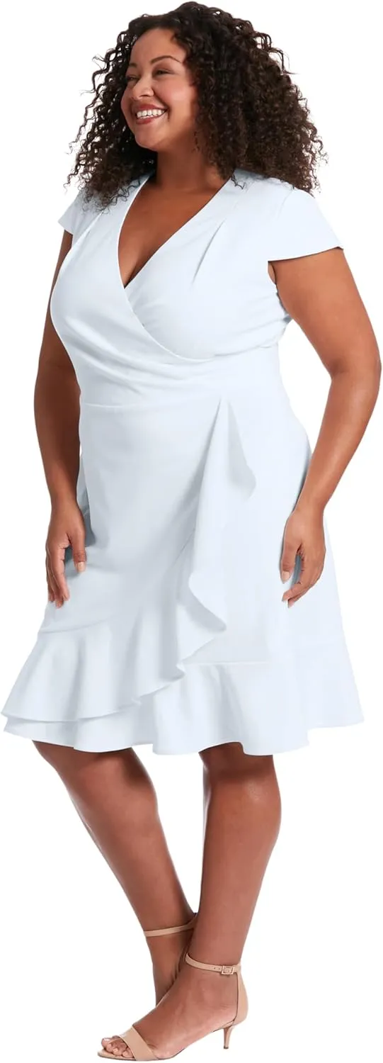 London Times Women's Feminine Ageless Surplice V-Neck Faux Wrap Ruffle Dress Office Event Shower Guest of