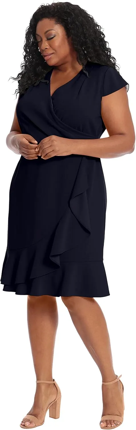 London Times Women's Feminine Ageless Surplice V-Neck Faux Wrap Ruffle Dress Office Event Shower Guest of