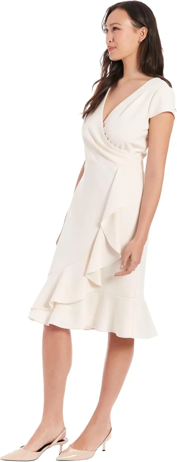 London Times Women's Feminine Ageless Surplice V-Neck Faux Wrap Ruffle Dress Office Event Shower Guest of