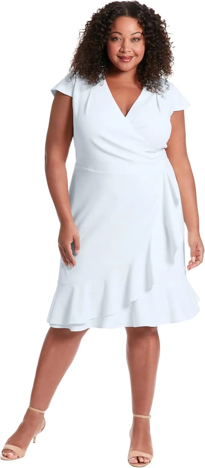 London Times Women's Feminine Ageless Surplice V-Neck Faux Wrap Ruffle Dress Office Event Shower Guest of