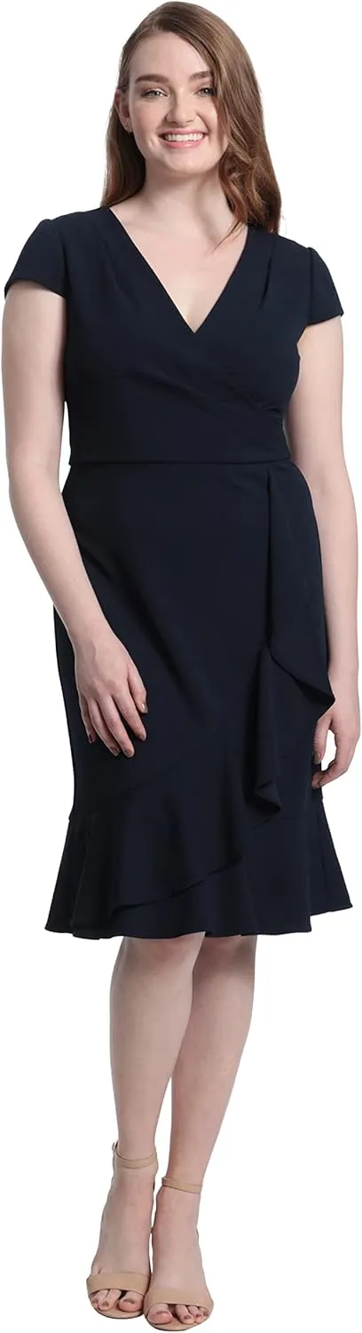 London Times Women's Feminine Ageless Surplice V-Neck Faux Wrap Ruffle Dress Office Event Shower Guest of