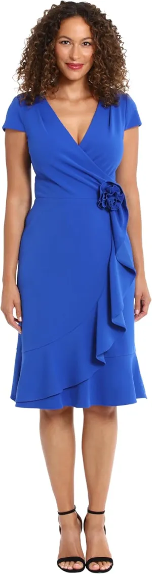London Times Women's Feminine Ageless Surplice V-Neck Faux Wrap Ruffle Dress Office Event Shower Guest of