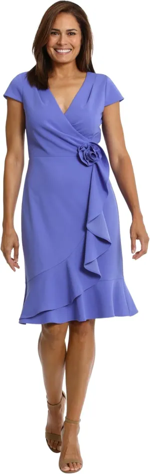 London Times Women's Feminine Ageless Surplice V-Neck Faux Wrap Ruffle Dress Office Event Shower Guest of