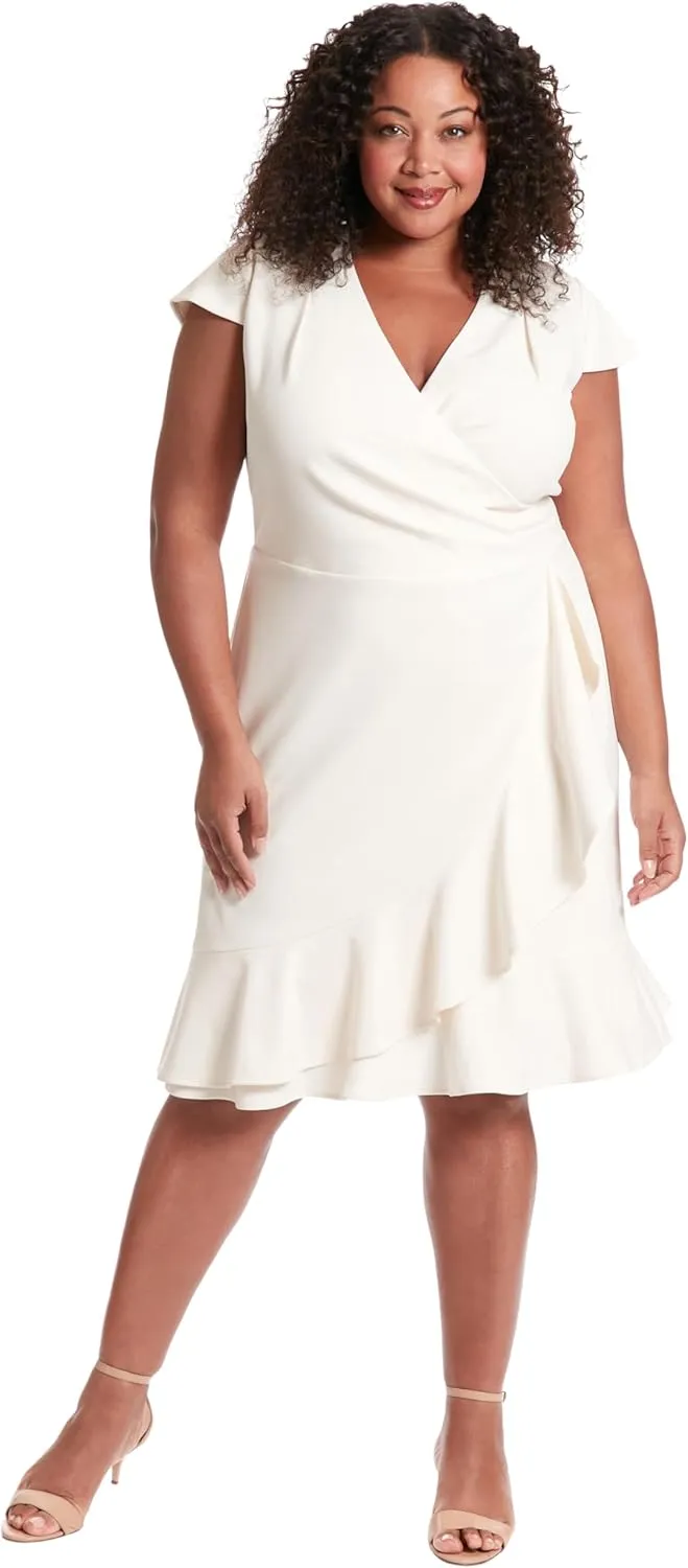 London Times Women's Feminine Ageless Surplice V-Neck Faux Wrap Ruffle Dress Office Event Shower Guest of