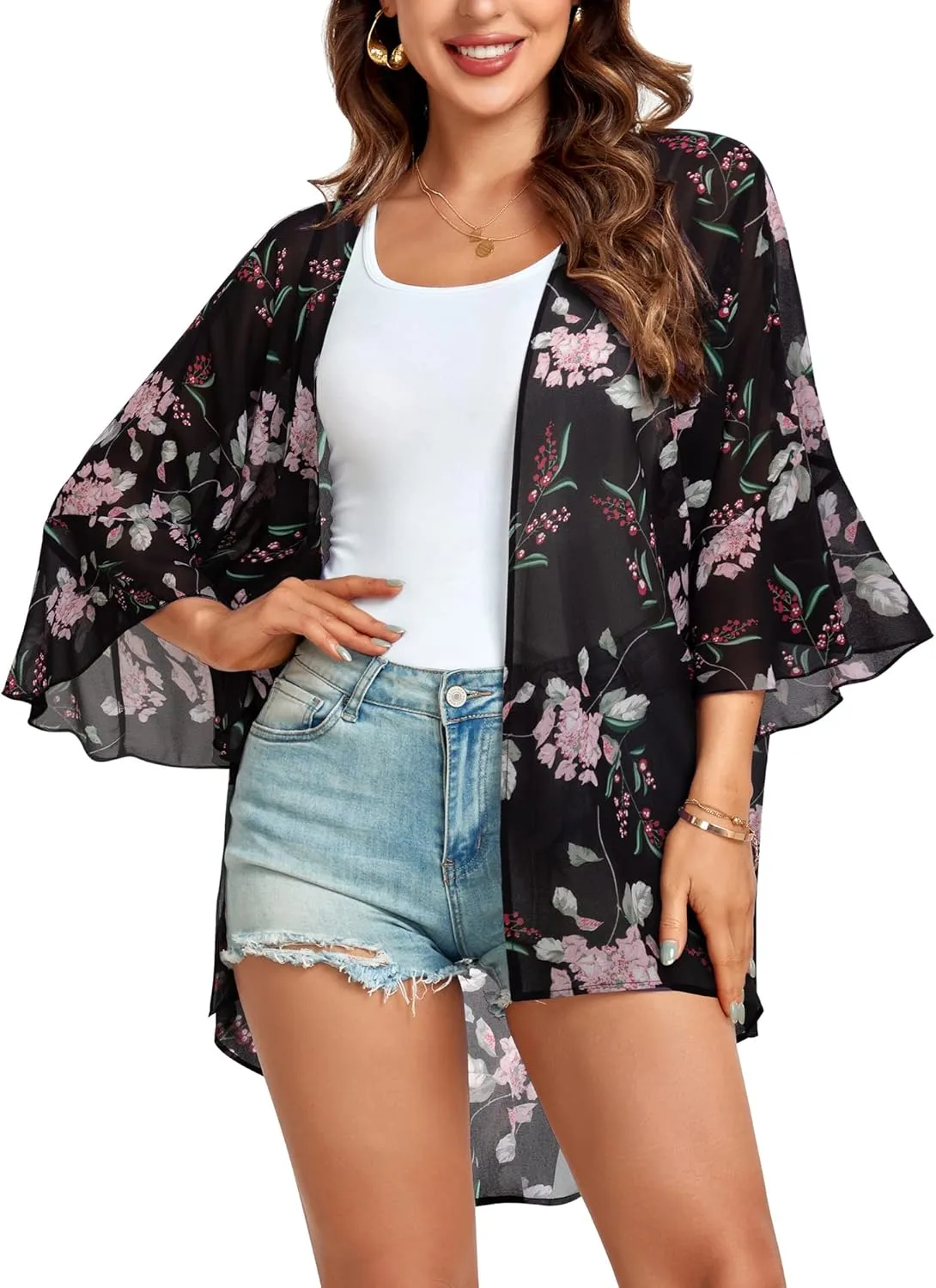Lotusmile Women's Chiffon Kimono Cardigan Lightweight Flowy Blouse Open Front Beach Cover Up Tops