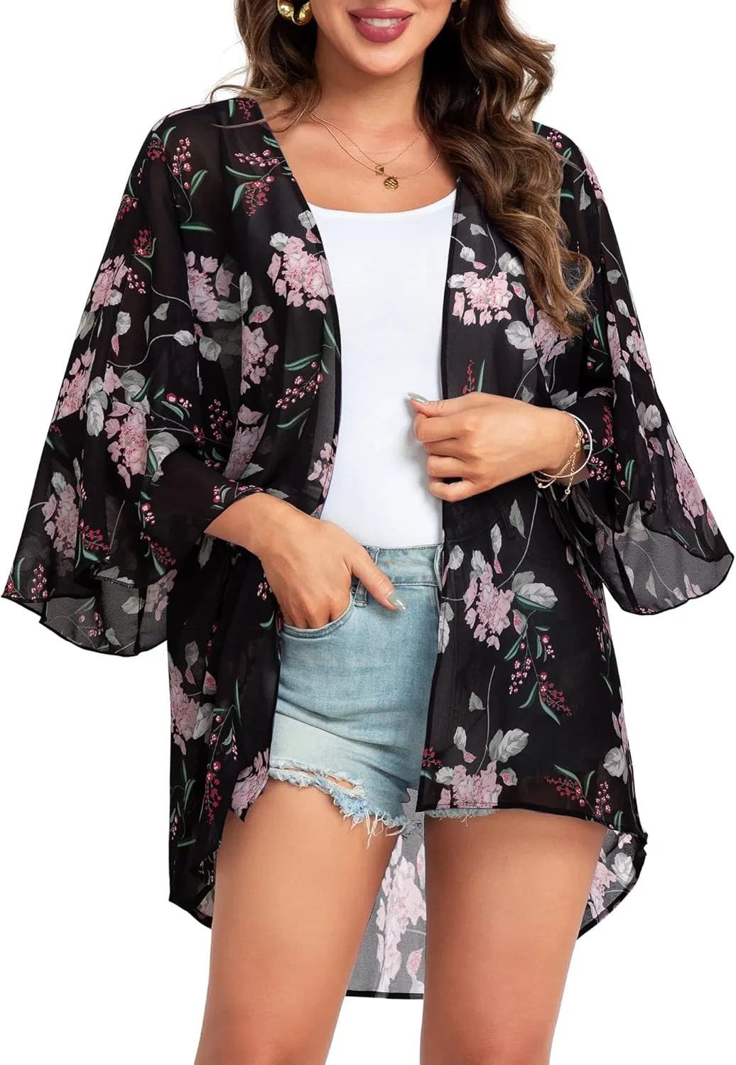 Lotusmile Women's Chiffon Kimono Cardigan Lightweight Flowy Blouse Open Front Beach Cover Up Tops