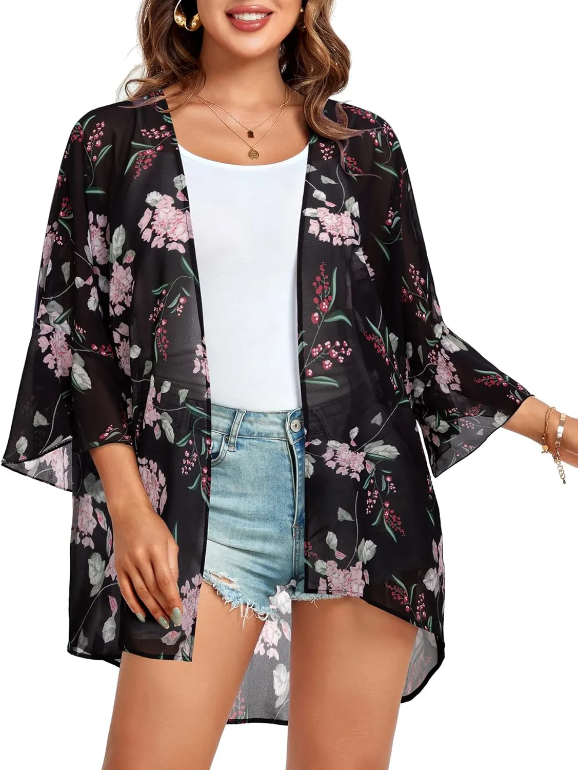 Lotusmile Women's Chiffon Kimono Cardigan Lightweight Flowy Blouse Open Front Beach Cover Up Tops