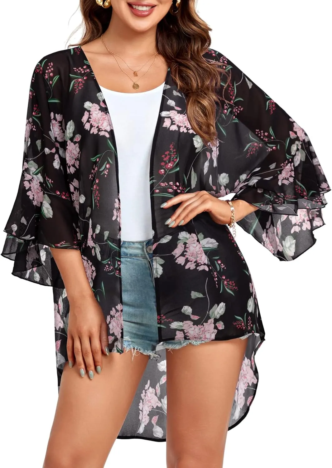 Lotusmile Women's Chiffon Kimono Cardigan Lightweight Flowy Blouse Open Front Beach Cover Up Tops