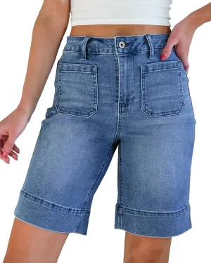 luvamia Bermuda Shorts for Women High Waisted Trendy Patch Pocket Casual Vintage Long Stretchy Denim Shorts Summer Jorts