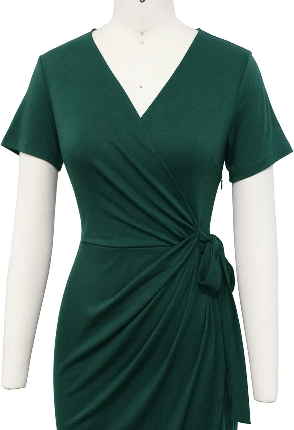 Lyrur Women's Classic V-Neck Casual Party Knee Length Sheath Work Short Sleeve Faux Black Wrap Dress