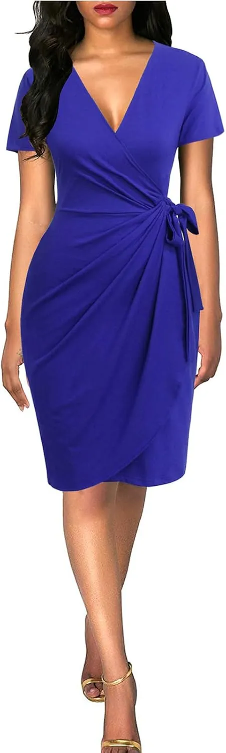 Lyrur Women's Classic V-Neck Casual Party Knee Length Sheath Work Short Sleeve Faux Black Wrap Dress