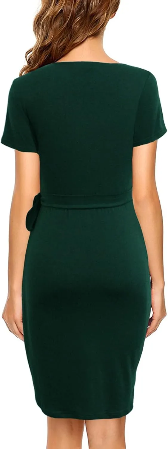Lyrur Women's Classic V-Neck Casual Party Knee Length Sheath Work Short Sleeve Faux Black Wrap Dress