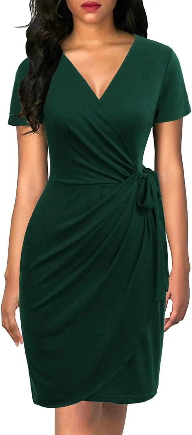 Lyrur Women's Classic V-Neck Casual Party Knee Length Sheath Work Short Sleeve Faux Black Wrap Dress