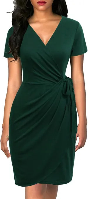 Lyrur Women's Classic V-Neck Casual Party Knee Length Sheath Work Short Sleeve Faux Black Wrap Dress