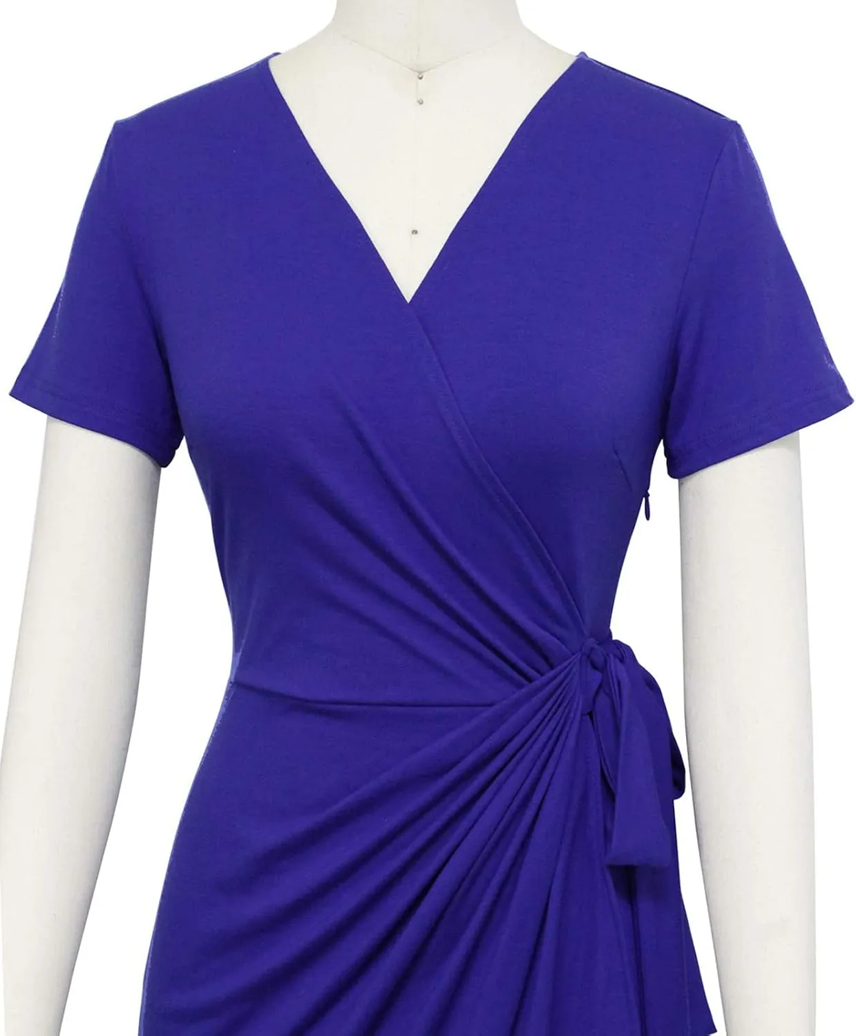 Lyrur Women's Classic V-Neck Casual Party Knee Length Sheath Work Short Sleeve Faux Black Wrap Dress