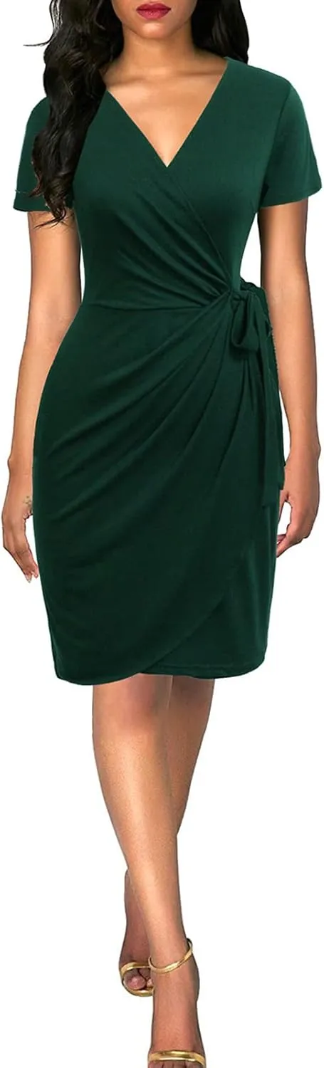 Lyrur Women's Classic V-Neck Casual Party Knee Length Sheath Work Short Sleeve Faux Black Wrap Dress